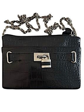 POPPIE JONES Black Faux Leather Crossbody Bag Purse 7.5”x 5.5” Croc Embossed